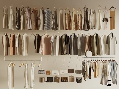 Fashionable Clothes Collection Hanging On Hangers With Neutral Tones And Accessories 3d model