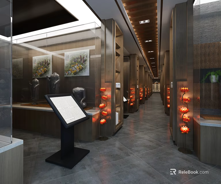 Religious Belief Exhibition Hall With Sacred Artifacts Display Cabinets And Digital Screens 3d model 