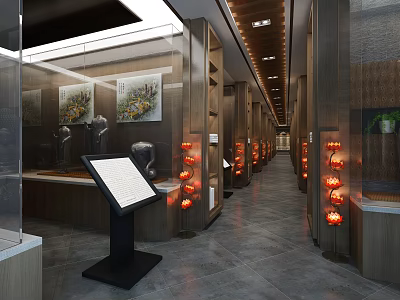 Religious Belief Exhibition Hall With Sacred Artifacts Display Cabinets And Digital Screens 3d model