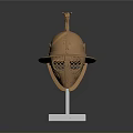 Medieval Golden Weapon Helmet With Decorative Details On White Display Stand