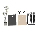 Modern Black And Gold Storage Cabinet Racks With Umbrella Holders And Indoor Plant