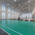 Spacious Basketball Gym Featuring Wooden Floor Blue Court Large Windows and Ceiling Lights