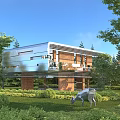 Modern Detached Villa With Metal and Wooden Exterior Surrounded by Greenery Lawn and Animal Sculpture