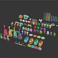 Vibrant Decorative Ornaments Set With Various Shapes Including Musical Instruments Shoes Balls And Pencils