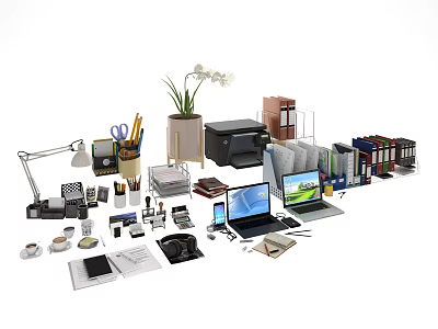 Essential Office Supplies Collection Featuring Laptop Printer Desk Lamp Potted Plant And Organizers 3d model