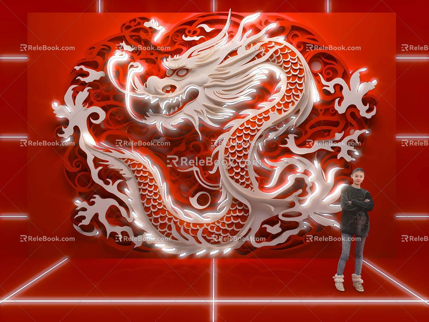 Chinese Style National Tide Chinese Dragon Cartoon Paper-cut Wind Lighting Wall Decoration Beauty Chen Dragon Head 3d model