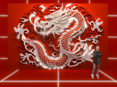 3D Chinese Dragon Art Decoration On Red Background With Figure 3d model