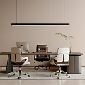 Modern Office Desk Setup With Computer Monitor Chairs Hanging Lamp And Potted Plant
