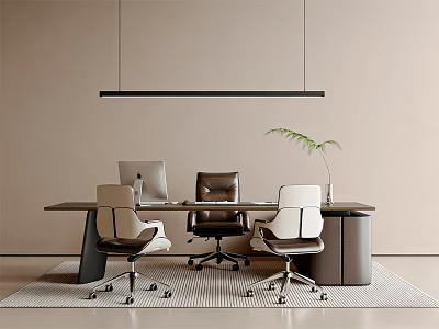 Modern Office Desk Setup With Computer Monitor Chairs Hanging Lamp And Potted Plant 3d model