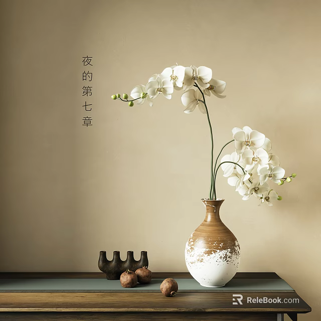 Elegant White Orchids in Brown and White Vase on Table with Neutral Wall Background 3d model 