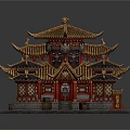Cartoon Scene Chinese Traditional Pagoda With Golden Roof Red Pillars And Stone Base