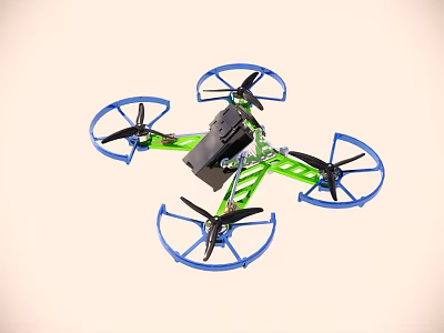 Green And Blue Quadcopter Drone With Four Propellers And Protective Guards 3d model