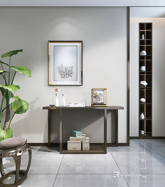 Modern Console Table With Golden Framed Art Vase Photo Frame Books Boxes And Green Plant 3d model 