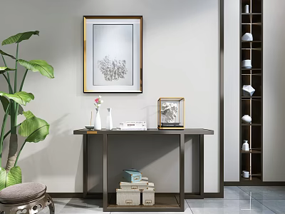 Modern Console Table With Golden Framed Art Vase Photo Frame Books Boxes And Green Plant 3d model