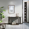 Modern Console Table With Golden Framed Art Vase Photo Frame Books Boxes And Green Plant