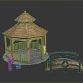 Wooden Gazebo With Hexagonal Roof Railing And Surrounding Decorative Bridge On Gravel Ground