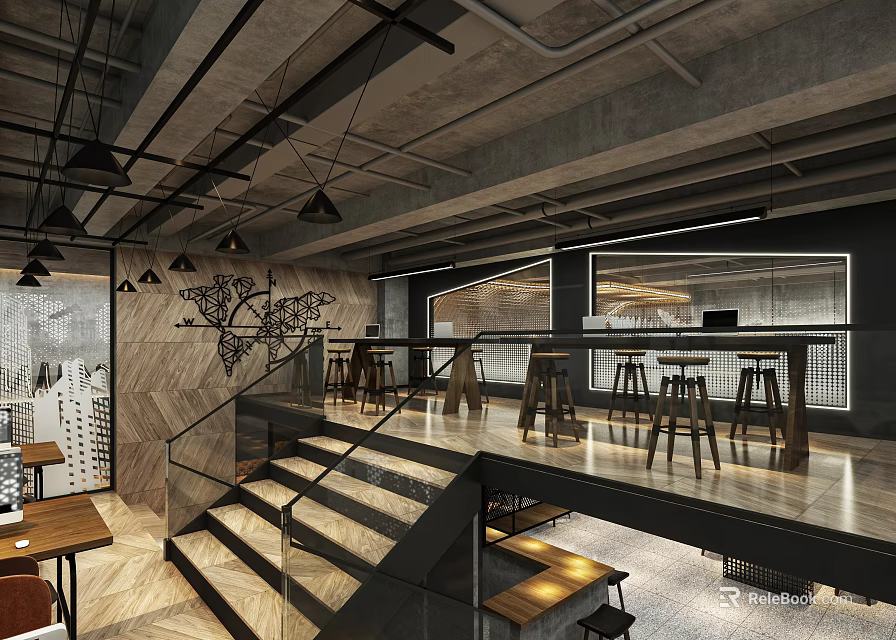Modern Industrial Public Office Space With Open Layout Staircase Wooden Tables And Geometric Accent Wall 3d model 