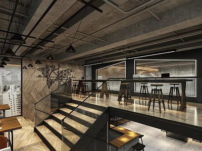 Modern Industrial Public Office Space With Open Layout Staircase Wooden Tables And Geometric Accent Wall 3d model