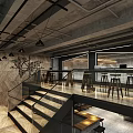 Modern Industrial Public Office Space With Open Layout Staircase Wooden Tables And Geometric Accent Wall