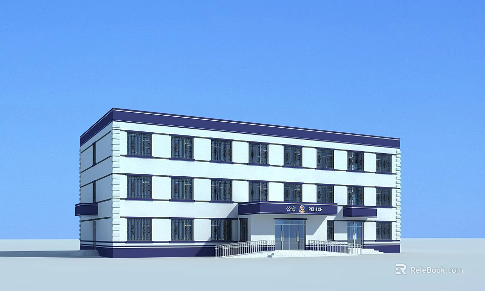 Modern Three Story Police Station Building With White Blue Exterior And Entrance 3d model 