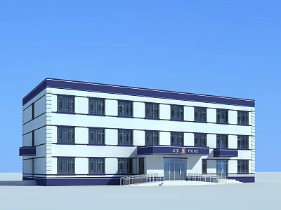 Modern Three Story Police Station Building With White Blue Exterior And Entrance 3d model