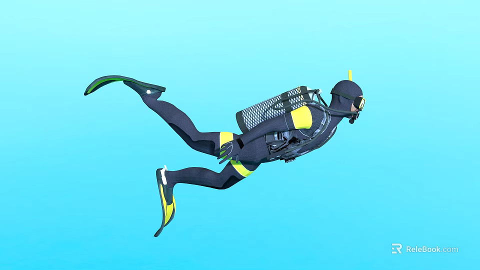 Man Diving In Scuba Gear With Blue Water Flippers And Oxygen Tank 3d model 