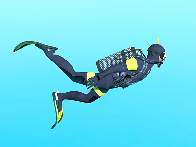 Man Diving In Scuba Gear With Blue Water Flippers And Oxygen Tank 3d model