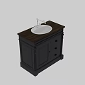 Black Traditional Washstand with Ornate Columns Cabinet Drawers and Carved Top Details