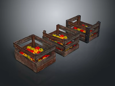 Three Wooden Crates Filled With Fresh Juicy Red And Yellow Fruits 3d model