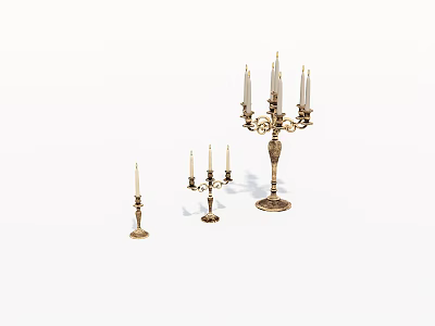 Set of Three Ornate Metal Candleholders With Various Heights And Decorative Details 3d model