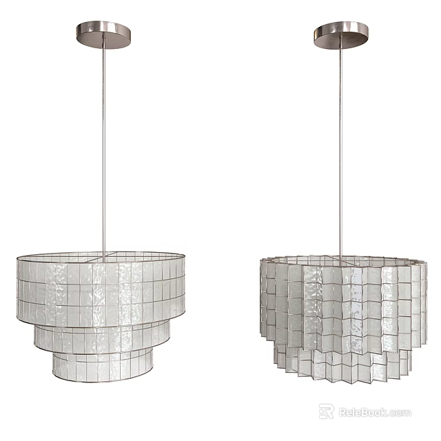 Two Modern White Pendant Lights with Layered Grid Design and Square Panels 3d model