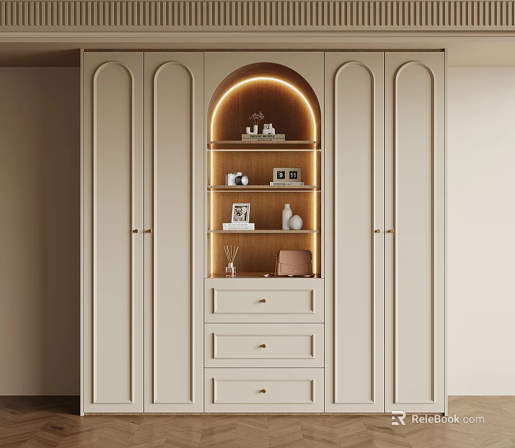 Modern White Wardrobe With Arched Lighted Display Drawers And Storage Cabinets 3d model 