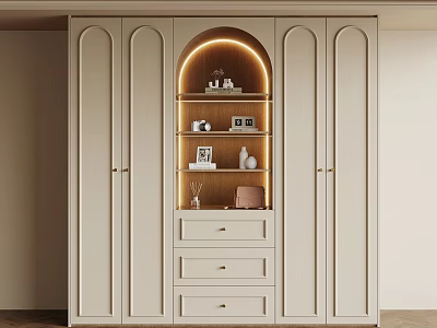 Modern White Wardrobe With Arched Lighted Display Drawers And Storage Cabinets 3d model
