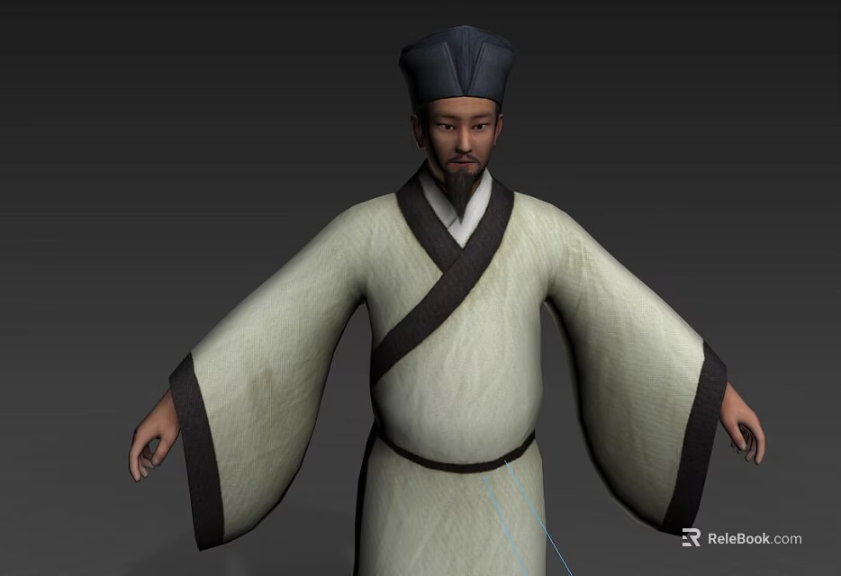 Game Film Ancient Chinese Male Character With Traditional Robe Black Hat And Long Beard 3d model 