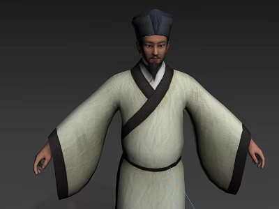 Game Film Ancient Chinese Male Character With Traditional Robe Black Hat And Long Beard 3d model