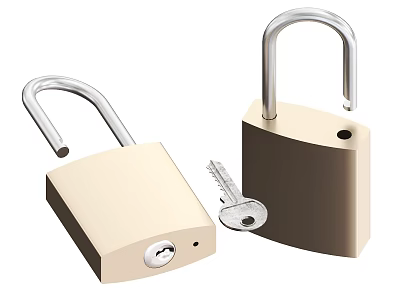 Two Open Metal Padlocks In Beige And Brown With Silver Key 3d model