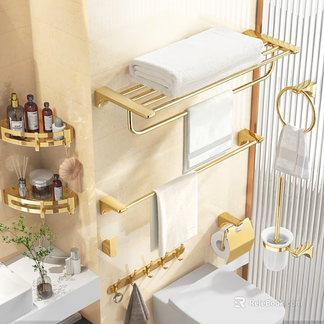 Golden Bathroom Accessories Including Towel Racks Ring And Toilet Paper Holder 3d model 