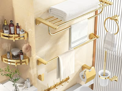 Golden Bathroom Accessories Including Towel Racks Ring And Toilet Paper Holder 3d model