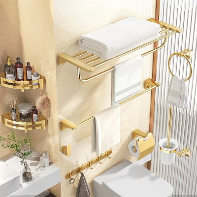 Golden Bathroom Accessories Including Towel Racks Ring And Toilet Paper Holder 3d model