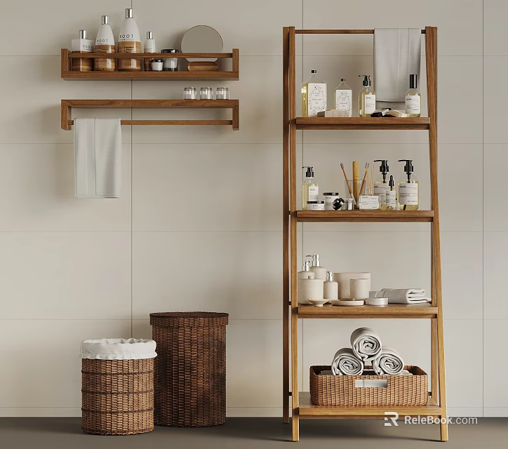 Cozy Bathroom Interior With Wooden Shelves Ladder Shelf And Wicker Baskets 3d model 