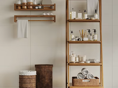 Cozy Bathroom Interior With Wooden Shelves Ladder Shelf And Wicker Baskets 3d model