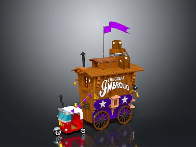 Wooden Cart With THE GREATEST JIMBOBO Sign Purple Flag Star Decorations And Red Small Car 3d model