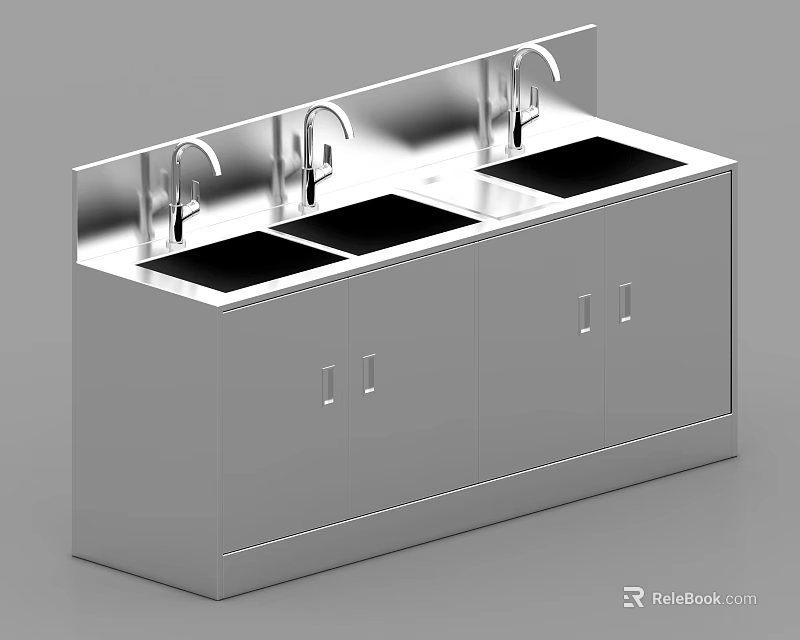 Stainless Steel Sink Unit With Three Basins And Under Cabinet Storage 3d model