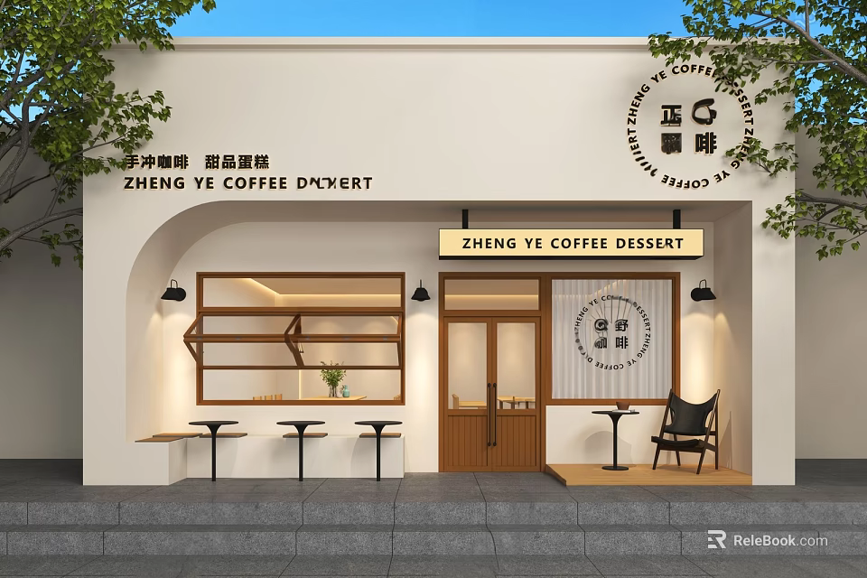 Coffee Dessert Shop Storefront Exterior with White Wall Wooden Details and Outdoor Seating 3d model 