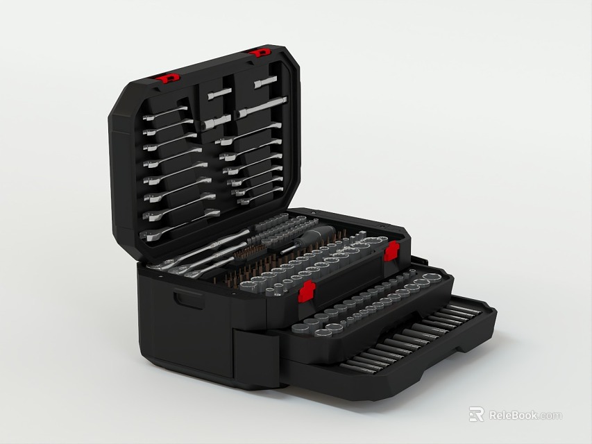Hardware Tools In Open Black Multi Layer Toolbox With Organized Wrenches And Screwdrivers 3d model 