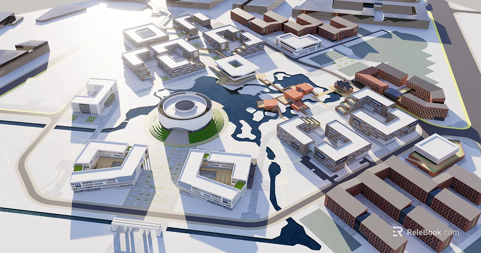 Aerial Planning of Modern Campus With Circular Central Building Water Features And Green Spaces 3d model 