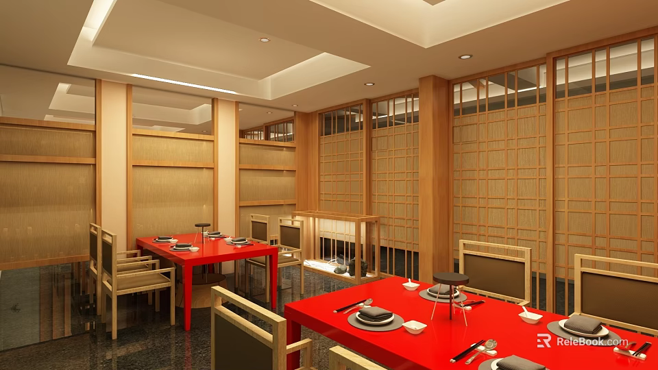 Japanese Restaurant Interior Featuring Red Tables Wooden Lattice Screens Chairs And Tableware 3d model 