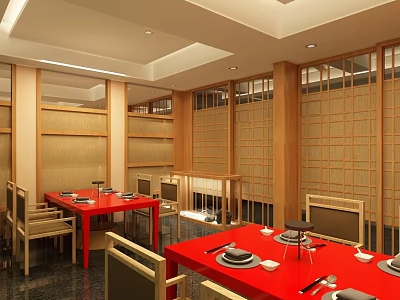 Japanese Restaurant Interior Featuring Red Tables Wooden Lattice Screens Chairs And Tableware 3d model