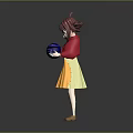 Game Movie Character with Brown Short Hair Red Top Yellow Skirt Holding Blue Patterned Sphere