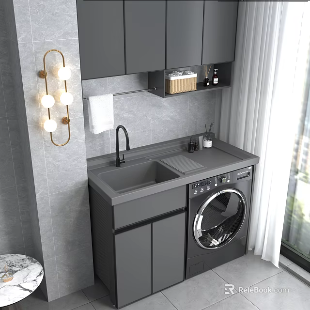 Modern Gray Bathroom Cabinet With Sink Faucet Washing Machine Wall Cabinets And Lighted Mirror 3d model 
